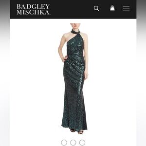 Badgley Mischka Emerald Sequin Asymmetrical Halter Gown